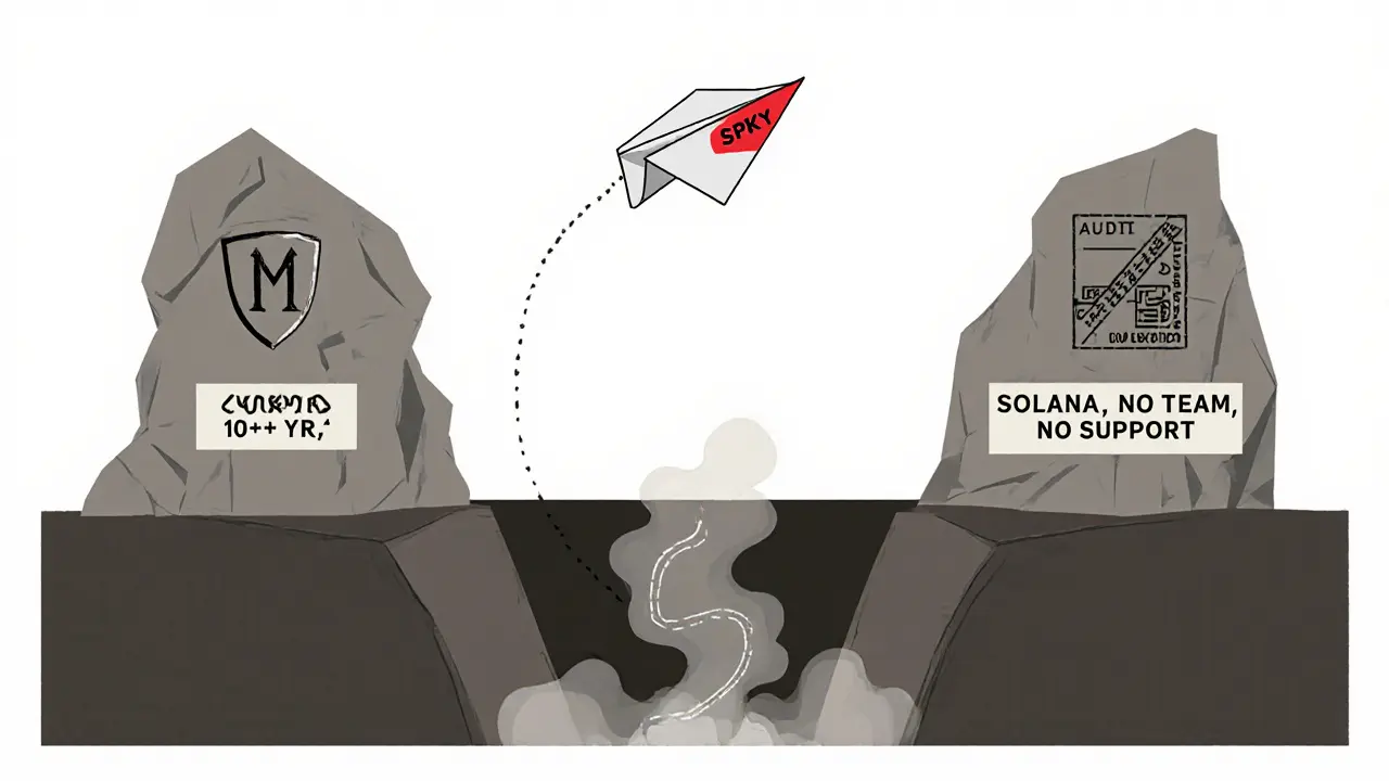 A fragile SPKY paper airplane flying between a proven Monero blockchain and a transparent Solana chain, over a pit labeled &#039;No Audit&#039;.