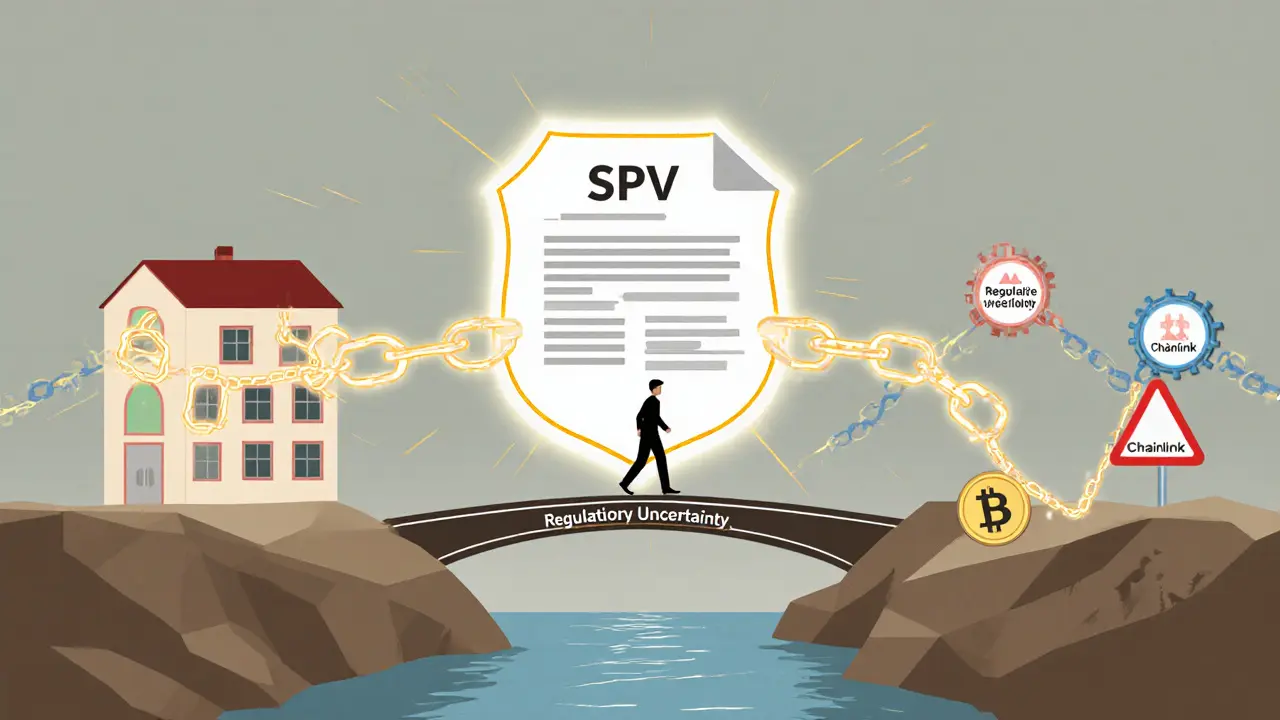 A legal shield bridging physical assets and digital tokens, with an investor cautiously crossing a regulatory river.