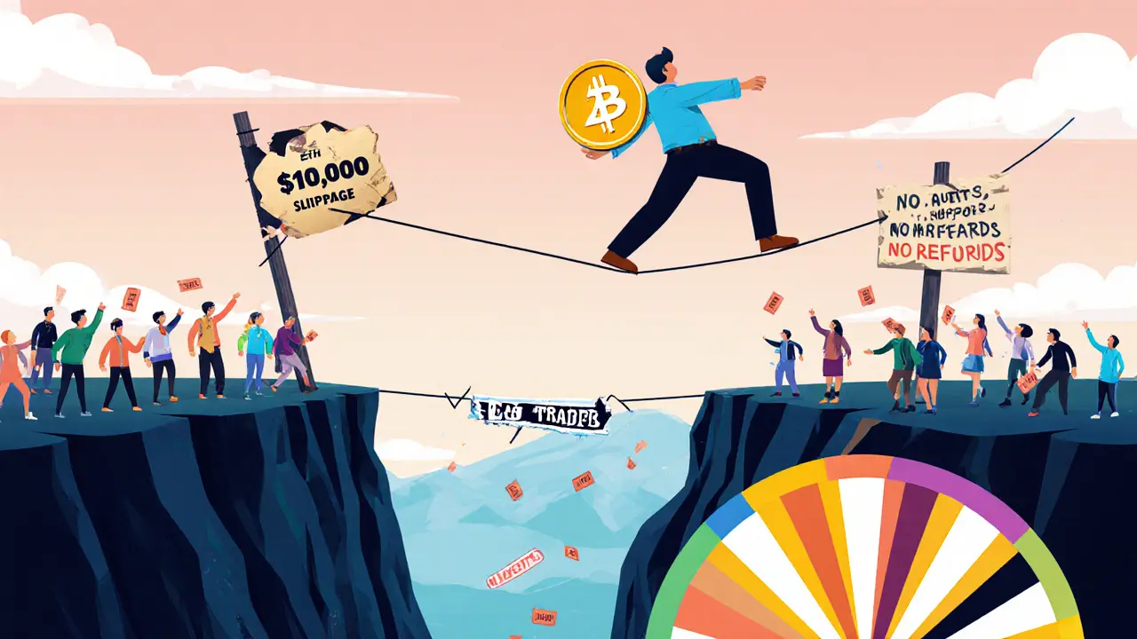 A trader on a tightrope over slippage, with users tossing tickets into a reward wheel, warning signs in background.