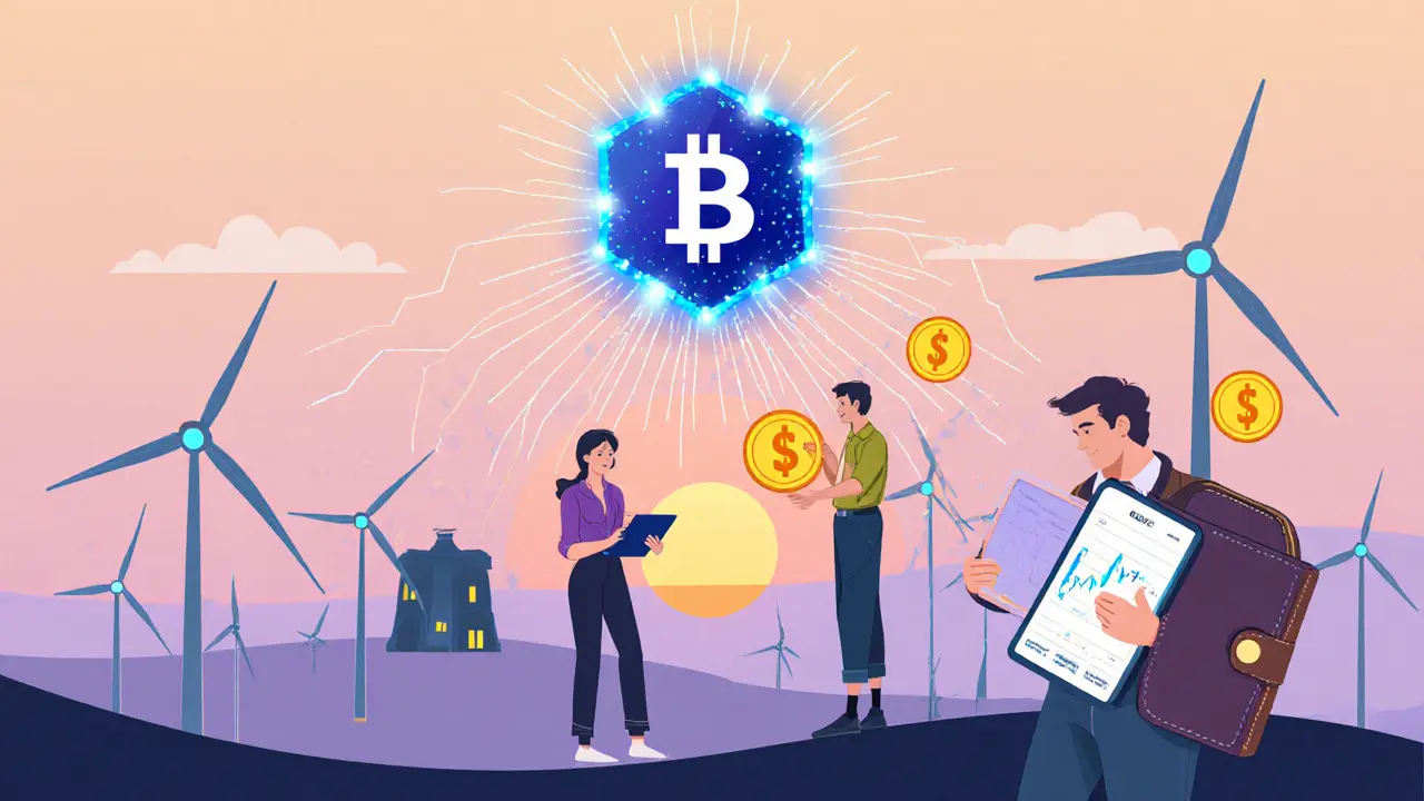 A wind farm with digital tokens flowing to investors&#039; wallets via blockchain connections under a sunset sky.