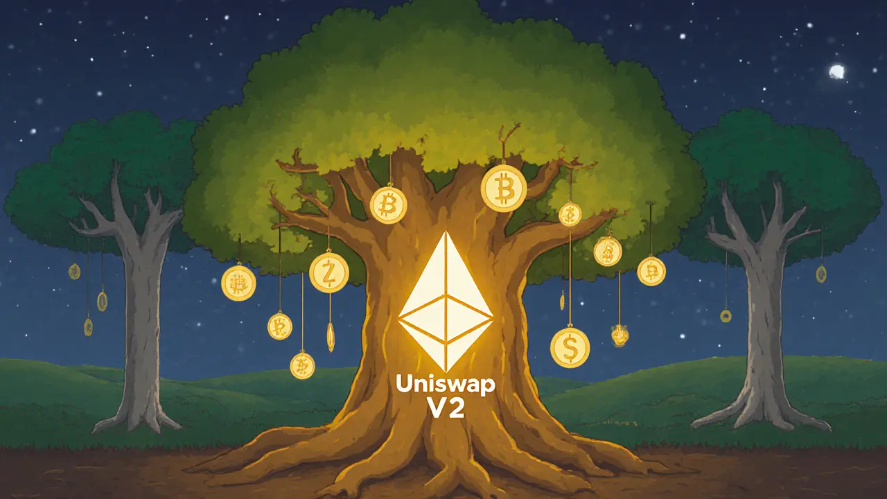Ancient Uniswap V2 tree supporting small tokens, rooted in Ethereum blockchain, symbolizing reliability.