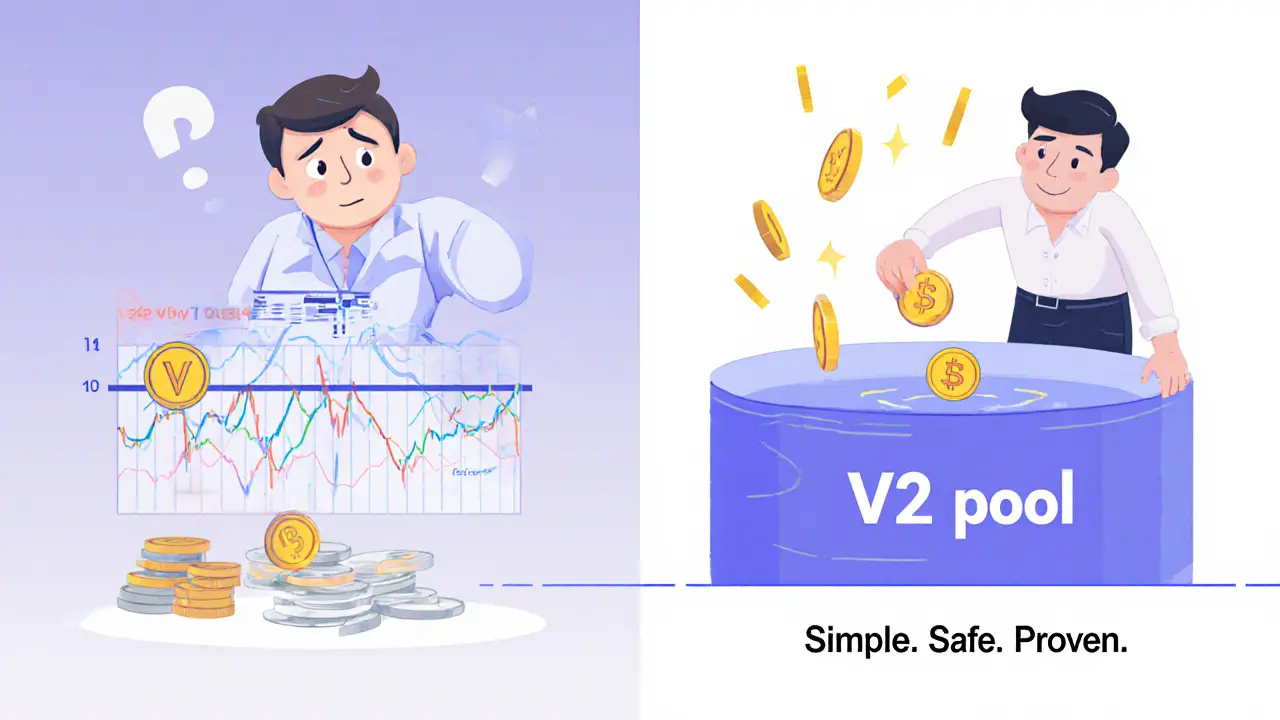 Contrast between complex Uniswap V3 price ranges and simple V2 liquidity pool with fee rewards.