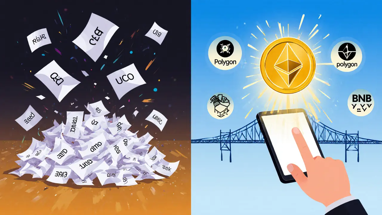 Contrast between lost seed phrases and secure biometric crypto access with UCO token.