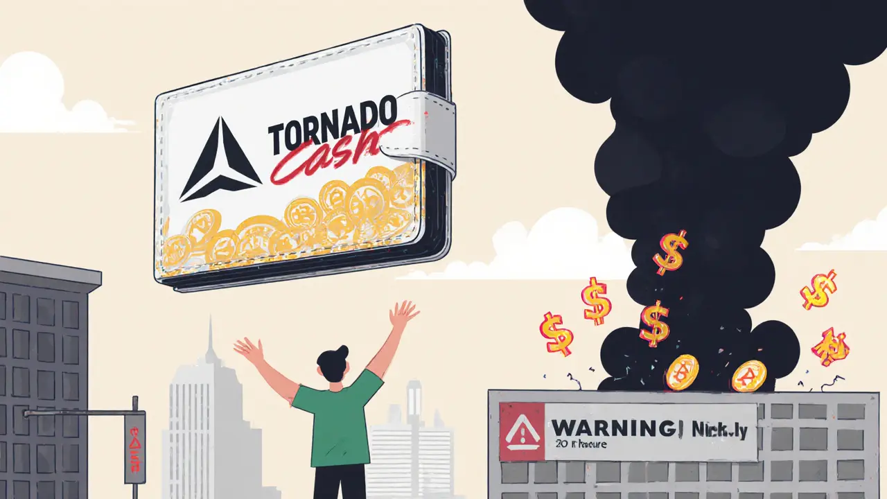 Crypto wallet emptying into dark vortex as fake billboard dissolves above Times Square