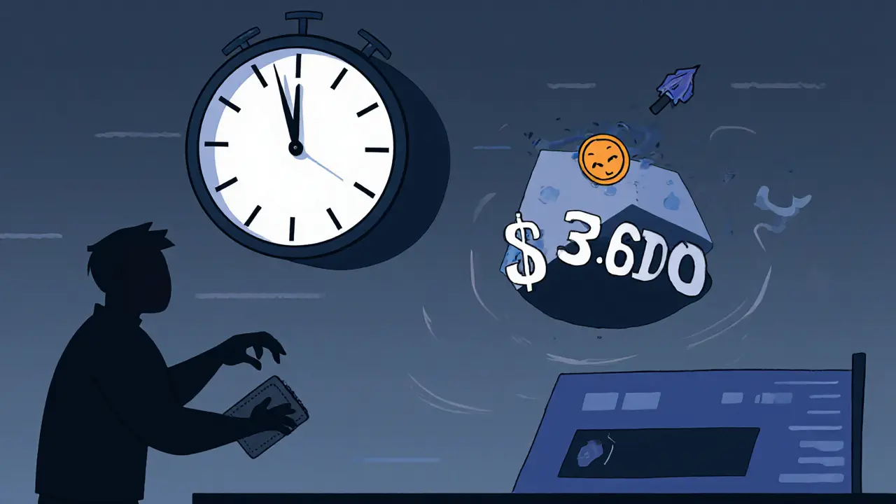 CryptoPunk NFT in a Dutch auction with rapidly falling price tags, user watching helplessly below.