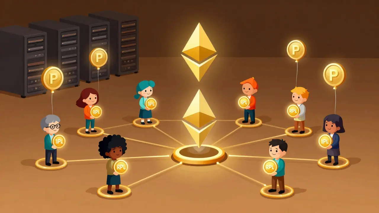 Decentralized node operators connected to Ethereum beacon, contrasting with centralized server farm.