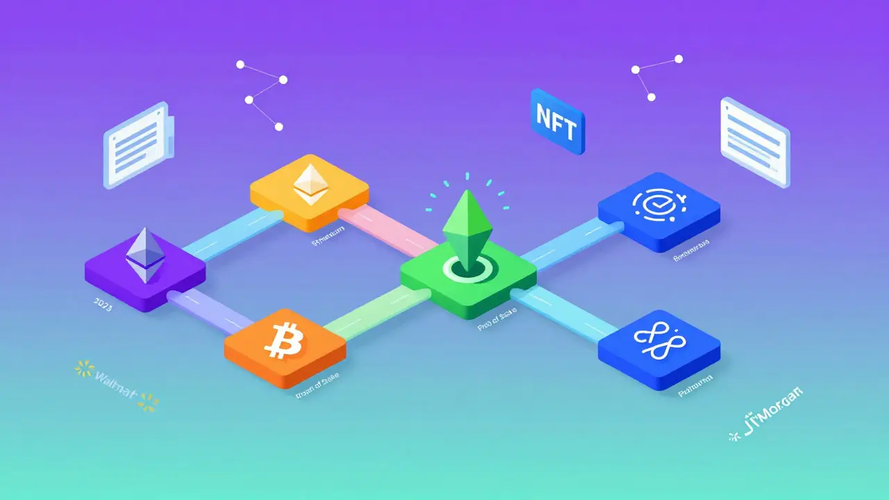 Interconnected blockchains exchanging data, with NFTs, smart contracts, and green energy symbol in a modern network.