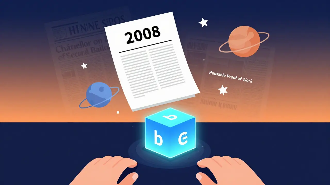 Satoshi Nakamoto&#039;s Bitcoin whitepaper and Genesis Block with cryptographic symbols orbiting, dawn lighting in background.