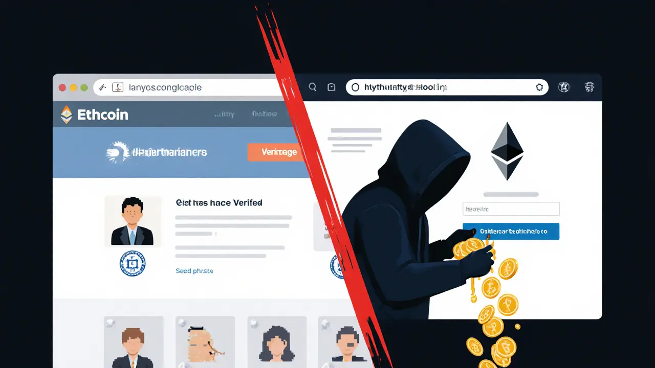 Split illustration: legitimate crypto site vs. phishing site draining wallet