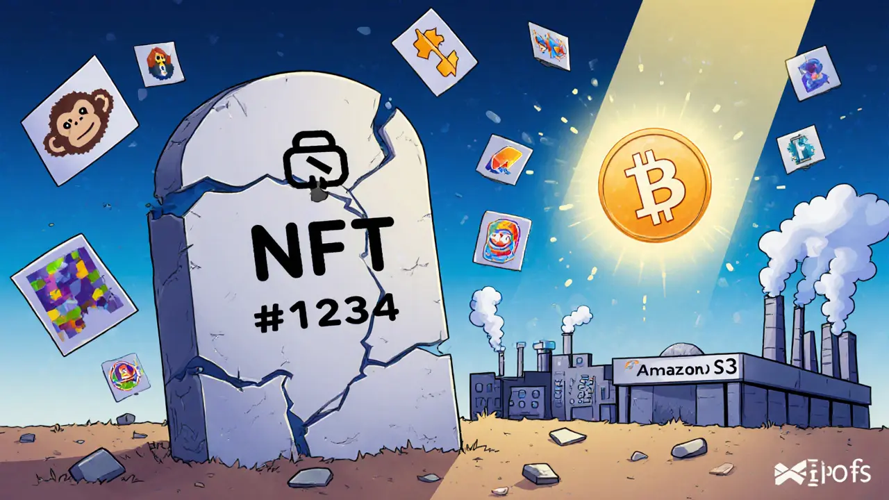 A cracked NFT tombstone beside a crumbling server farm, while a glowing NFT floats above a decentralized network.