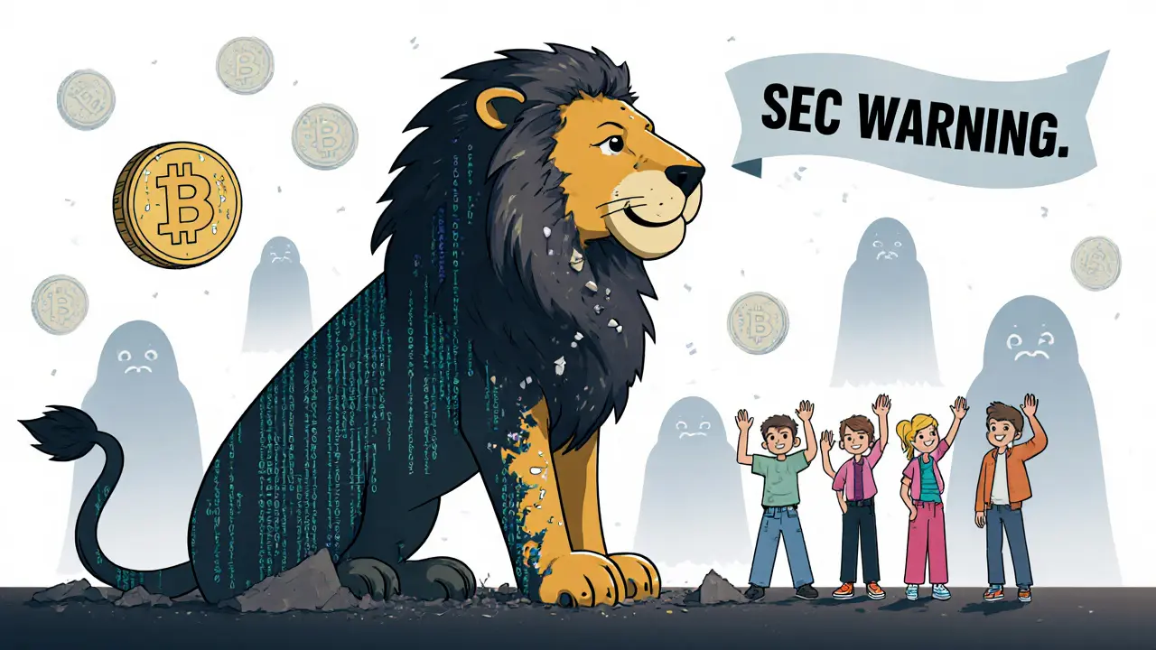 A crumbling lion statue made of code fades into dust as nostalgic kids wave goodbye under an SEC warning.