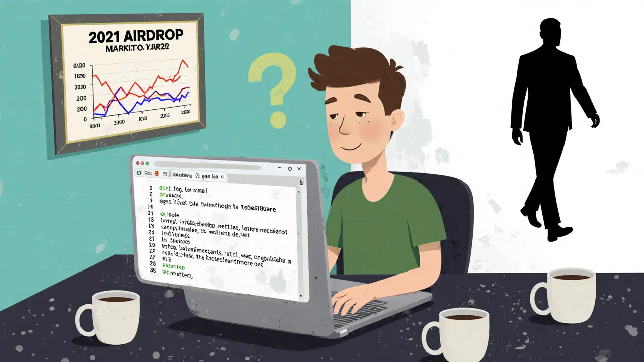 A lone developer surrounded by dead project signs and a fading market graph.