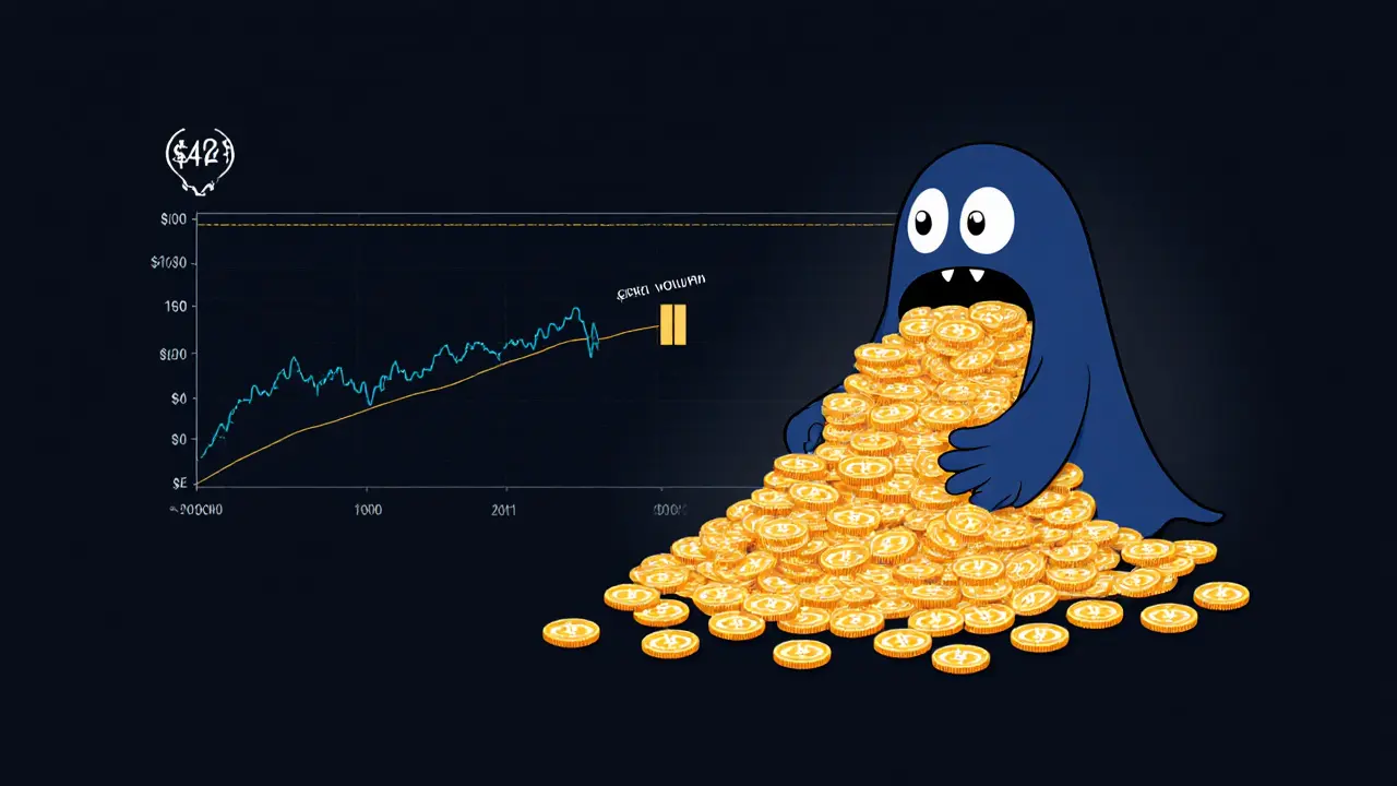 A small wallet overflows with billions of KIMBA tokens against a flat trading chart with minimal volume.