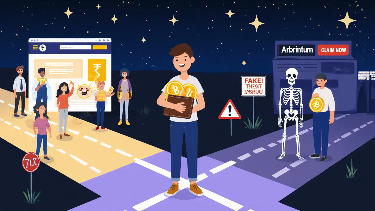 A user choosing between active crypto airdrops and a dark scam alley.