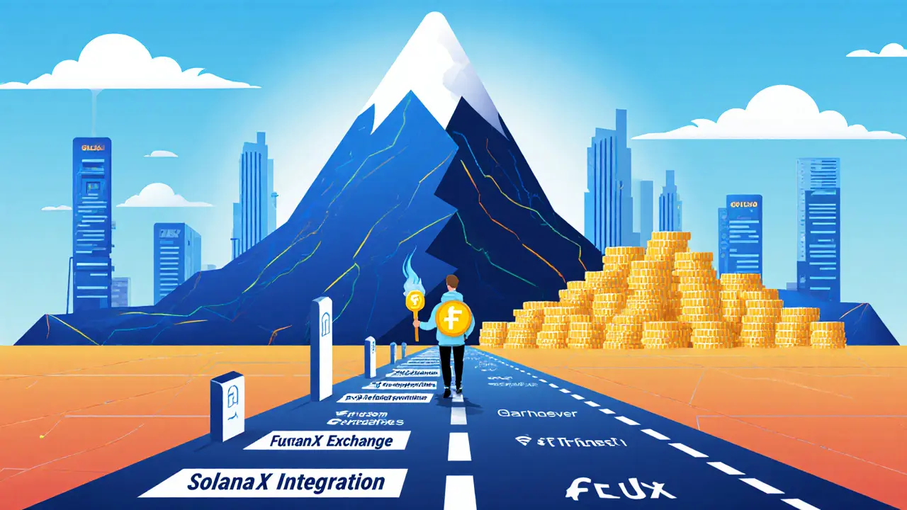 A walker advancing along a roadmap to future FLUX protocol upgrades.
