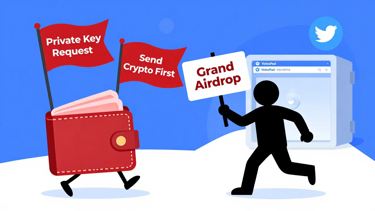 A wallet running from scam flags toward a safe path with official VelasPad verification icons.