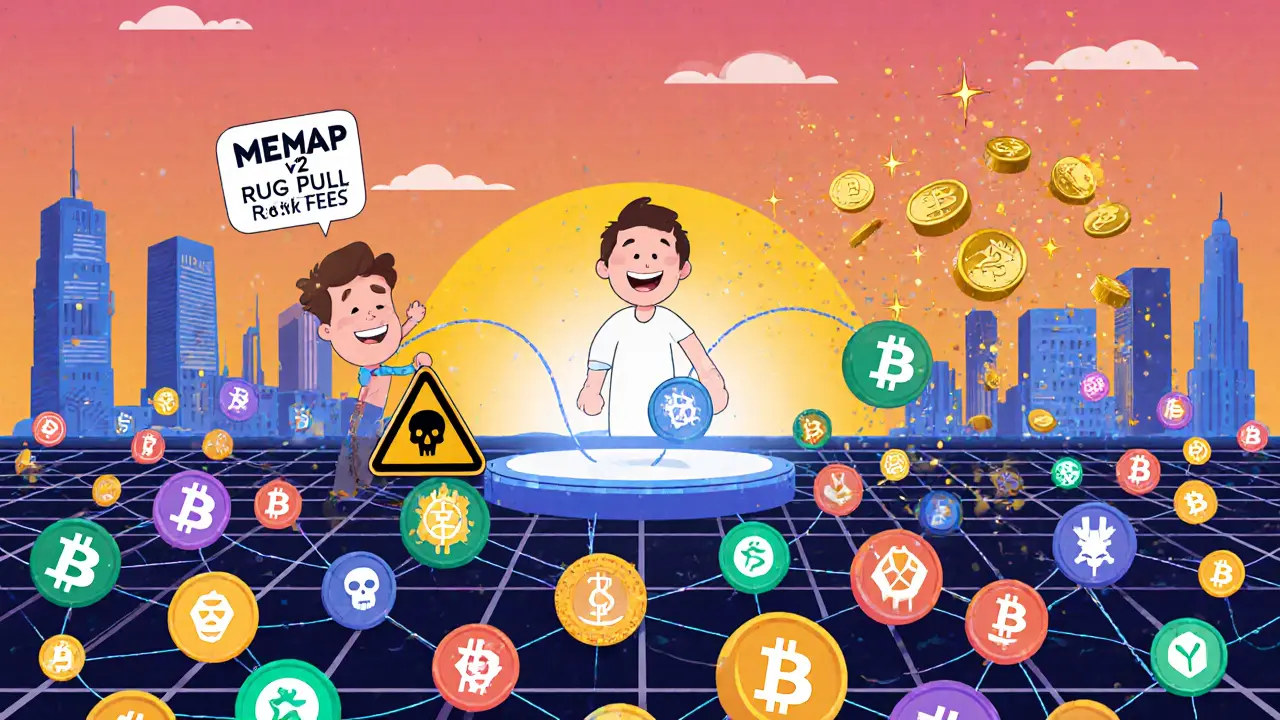 Colorful flat illustration of hundreds of tokens connected to Uniswap v2 hub, with liquidity providers earning sparkles and a scam token warning nearby.