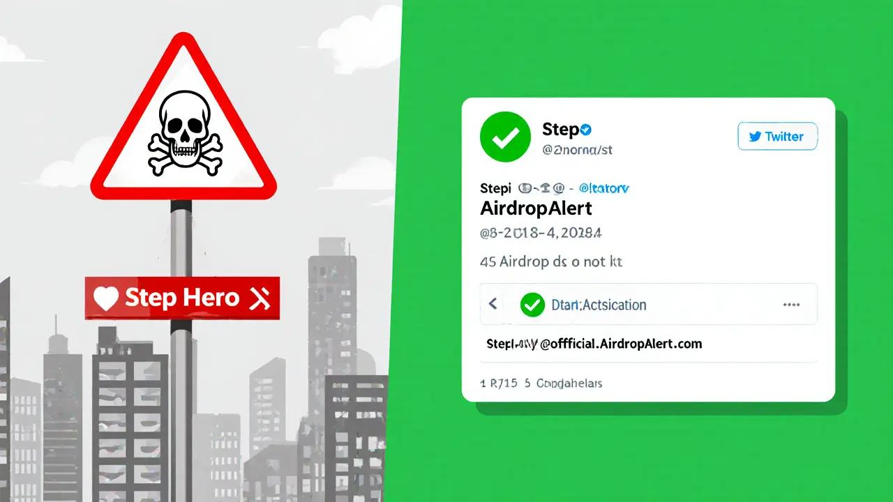 Contrasting fake and official Step Hero links with warning and verification symbols