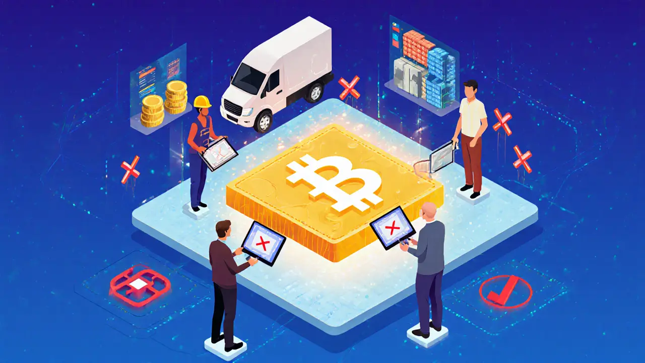 Diverse supply chain partners share a blockchain ledger, rejecting counterfeit goods with red Xs.