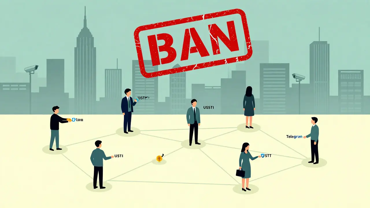 Network of traders across Chinese cities connected by USDT transfers, with a fading government ban stamp above.