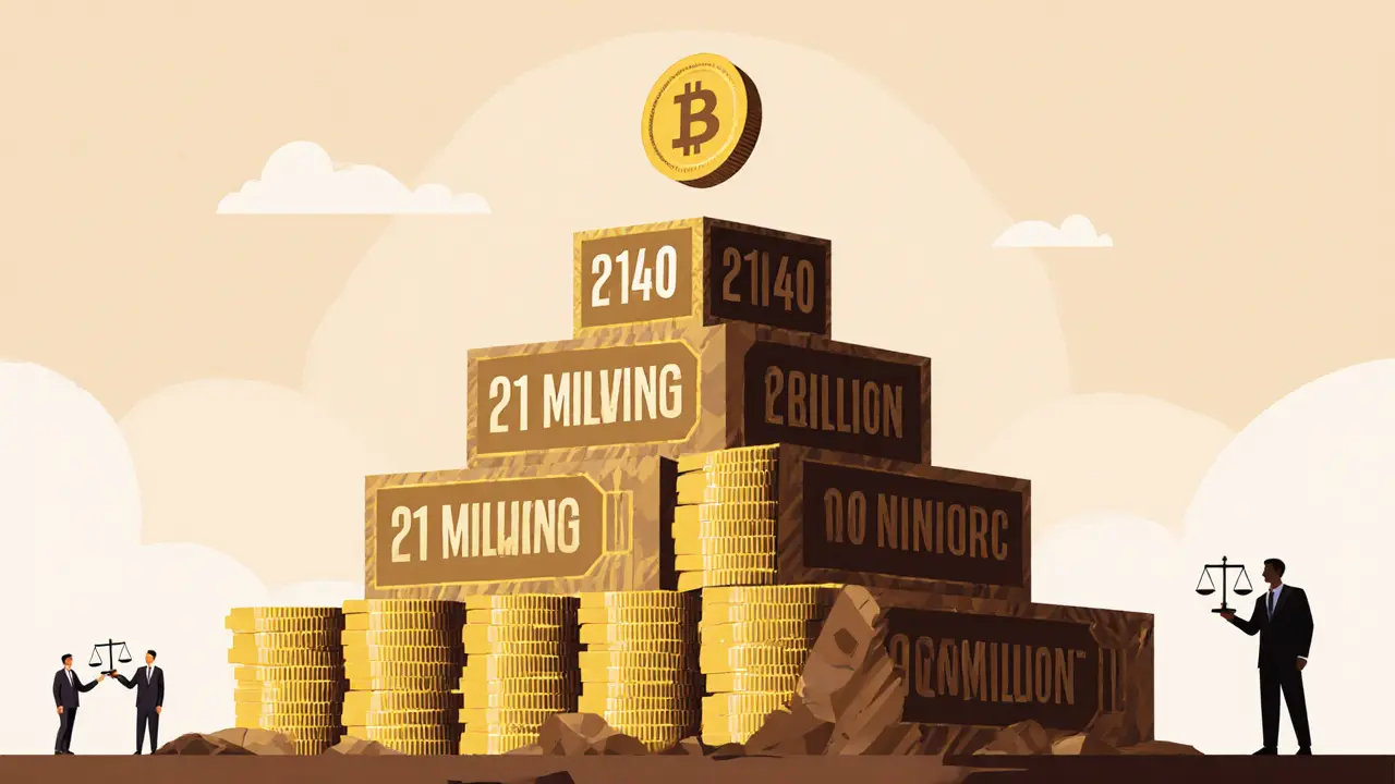 Pyramid of Bitcoin coins showing halvings, ending at 21 million with a single fee coin on top.