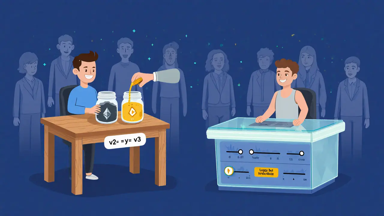Side-by-side flat illustration: simple Uniswap v2 desk with jars vs. high-tech v3 console, showing legacy vs. modern DeFi trading.