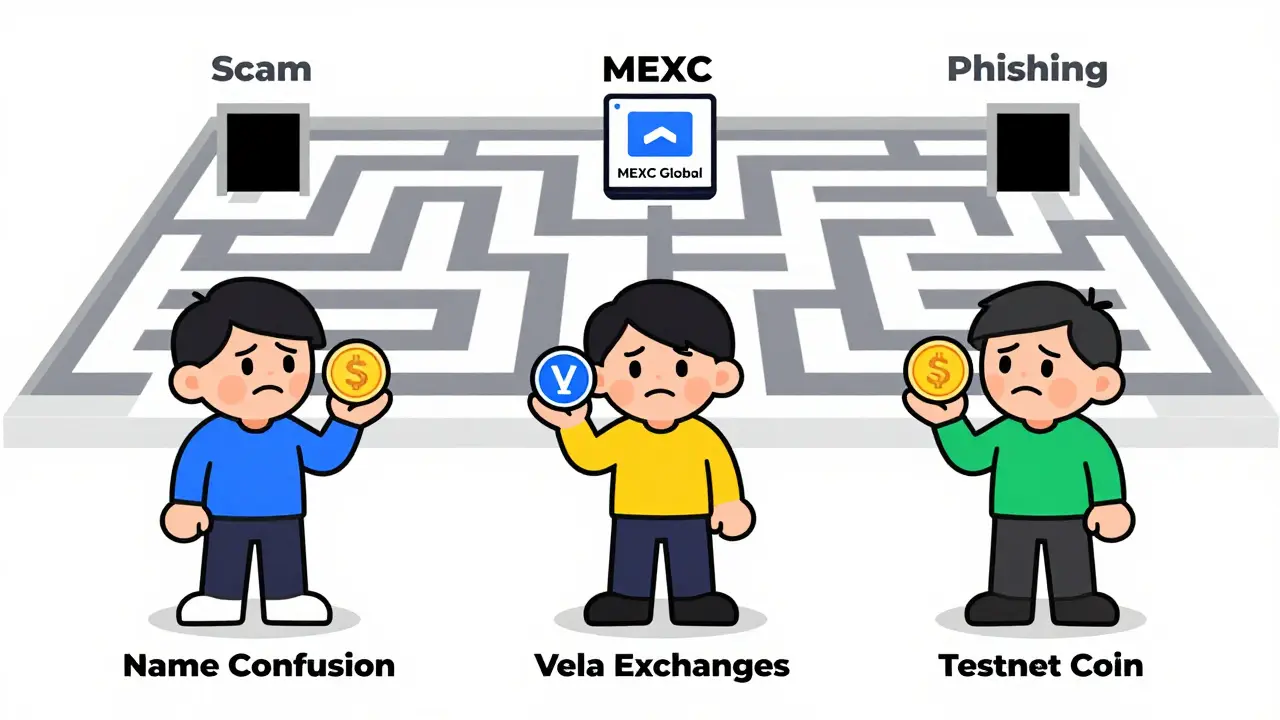 Three confused users holding different crypto tokens, lost in a maze of name confusion leading to a real exchange.