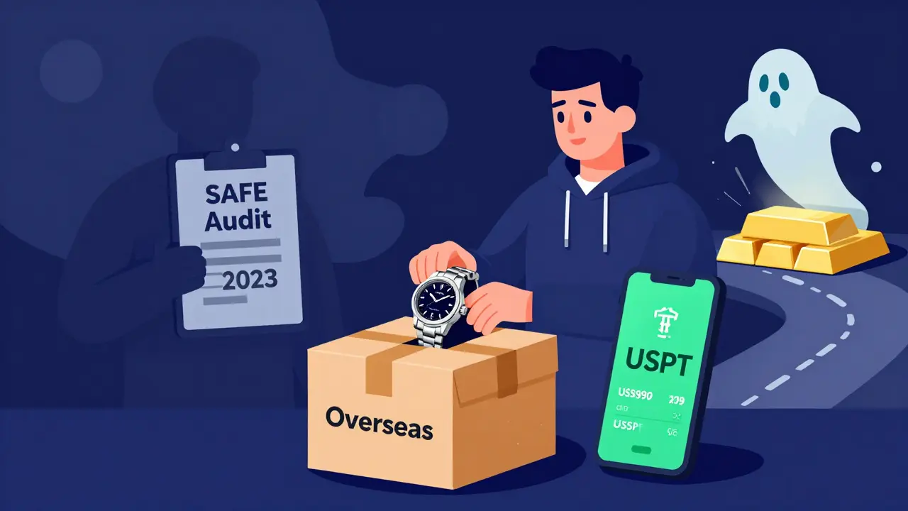 Trader shipping a luxury watch overseas after converting USDT to physical goods, with NFTs and gold bars nearby.