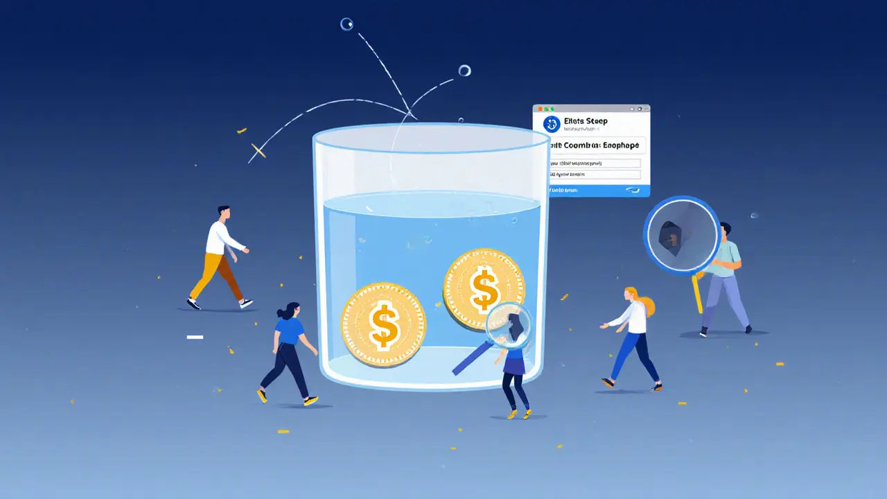 Wallet filling with tokens as people walk toward it, symbolizing community participation