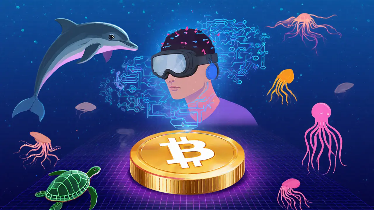 A person with an EEG headset controlling a dolphin avatar in a Metaverse filled with NFTs.