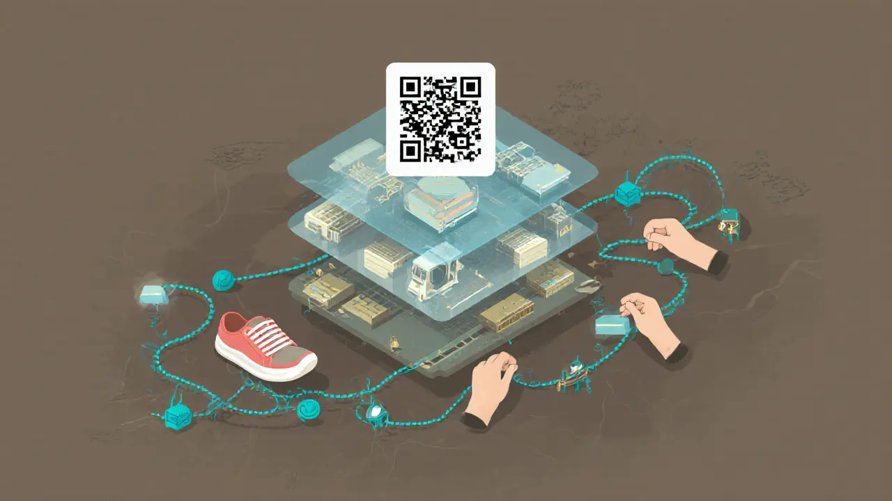 A QR code revealing a digital trail of sensors and smart contracts tracking sneakers across global locations.
