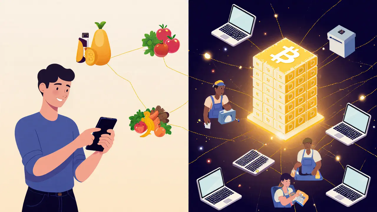 A shopper scanning a product as a blockchain ledger displays verified supply chain data across multiple devices.