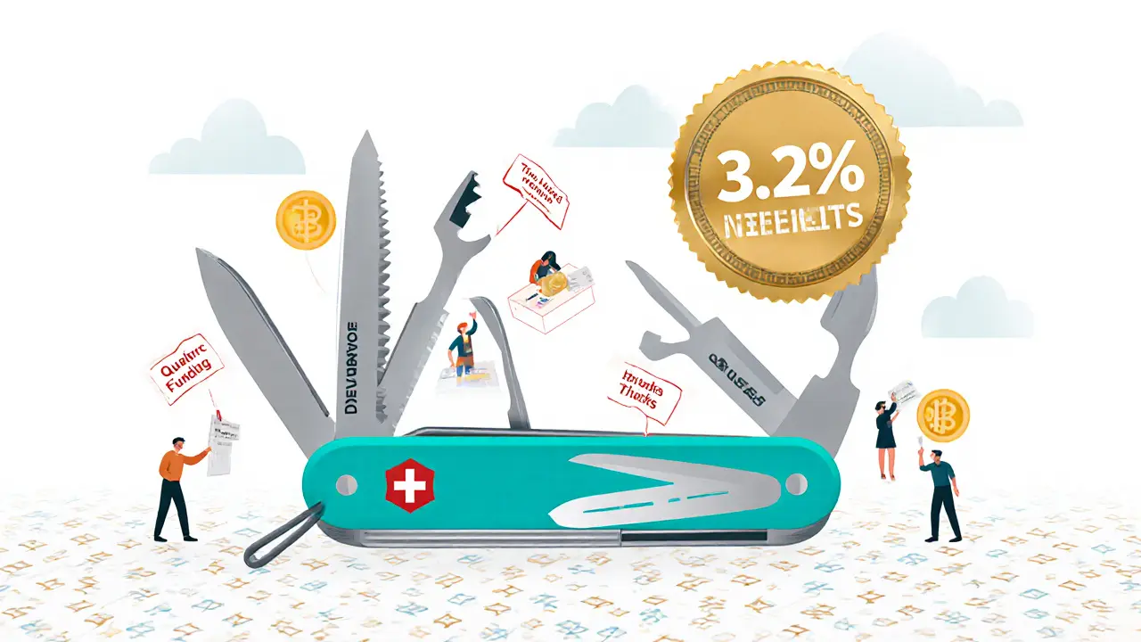 A Swiss Army knife with governance tools labeled, resting on a blockchain surface.