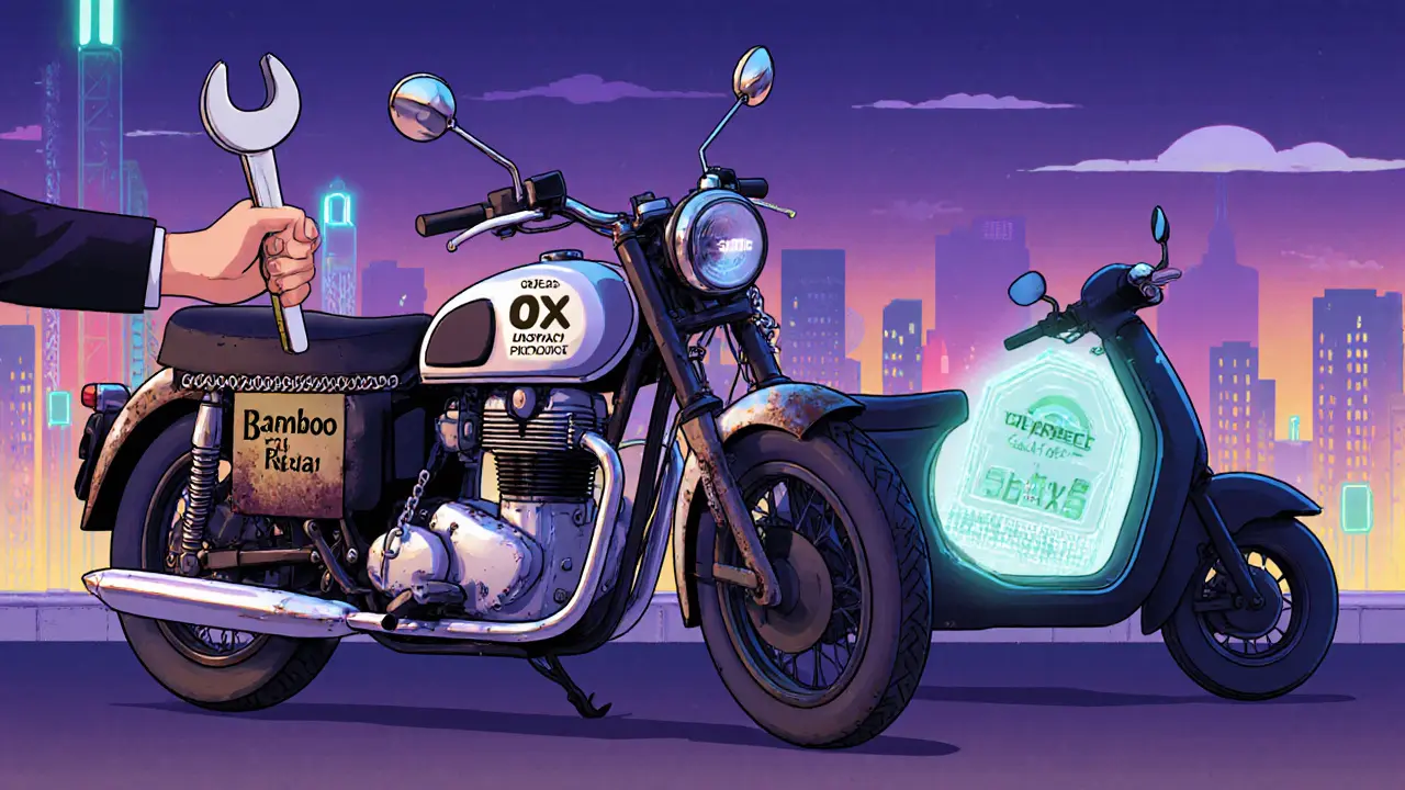 Classic motorcycle labeled Bamboo Relay next to sleek scooter labeled Uniswap v4