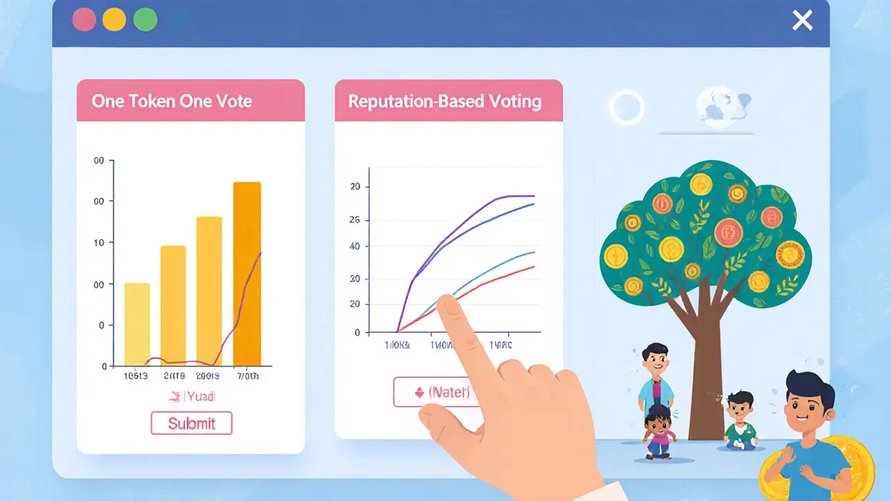 Three voting systems shown as diagrams on a digital dashboard with user avatars watching.