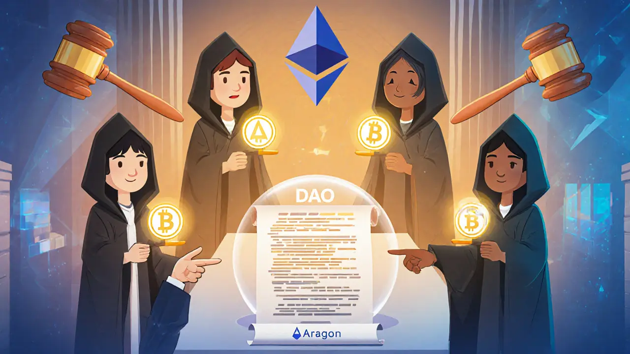 Transparent courtroom with jurors casting ANT tokens to resolve a blockchain dispute, surrounded by code elements.