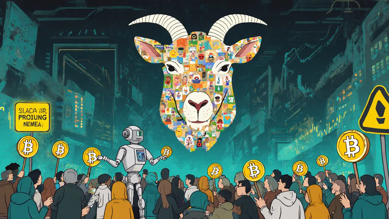 A cult of crypto believers worship a giant meme goat head in a digital landscape with fading price charts.