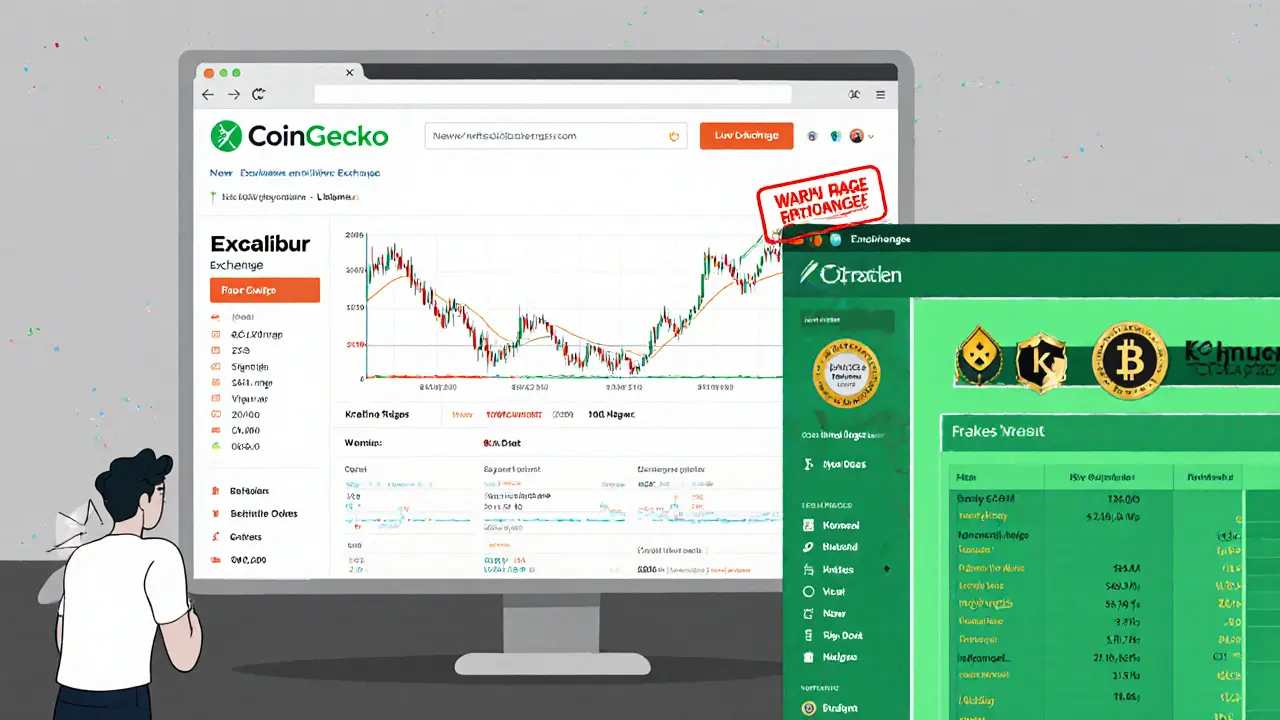 A trader confused by a fake crypto exchange listing on CoinGecko, while a real exchange dashboard glows beside them.