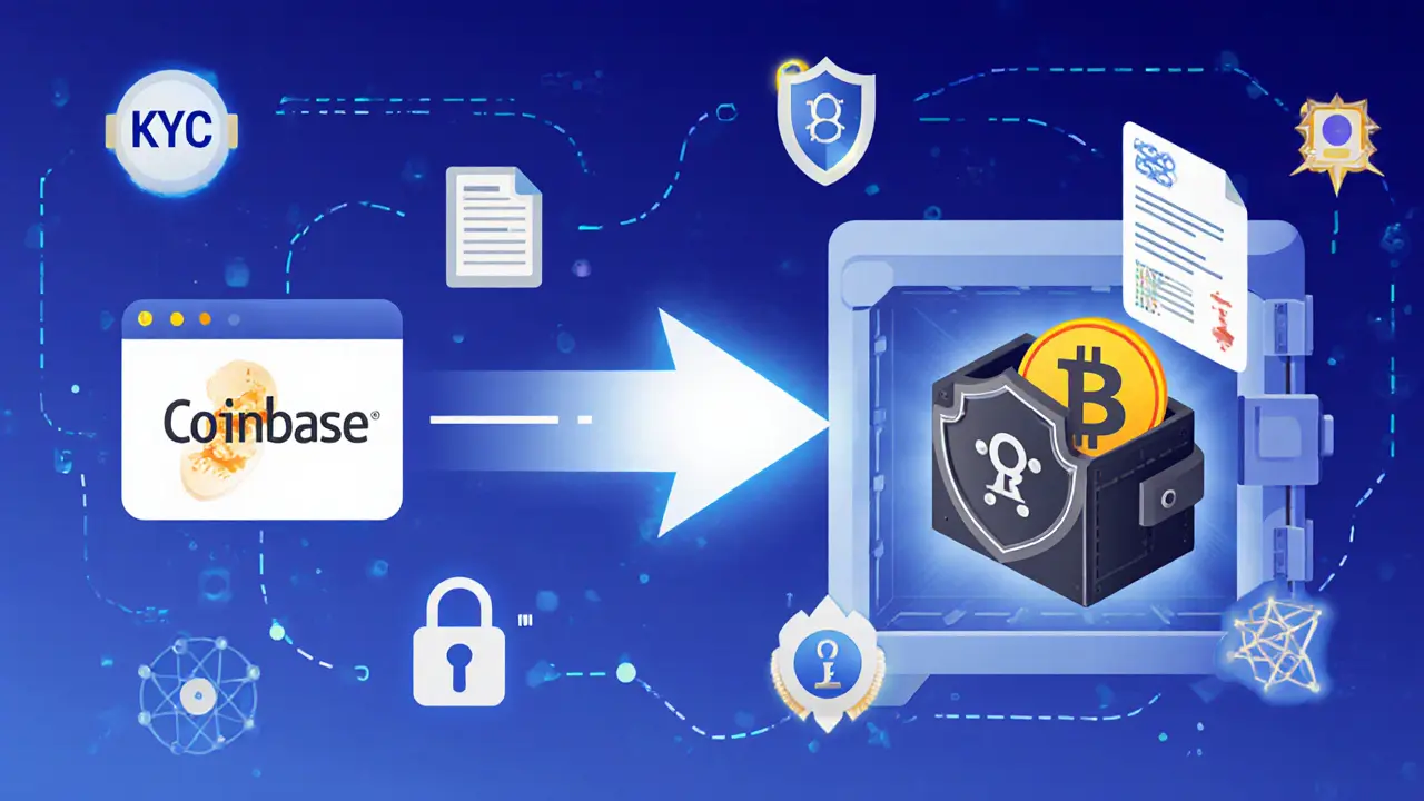 A user transferring crypto from a trusted exchange into a secure quantum wallet inside a locked vault.