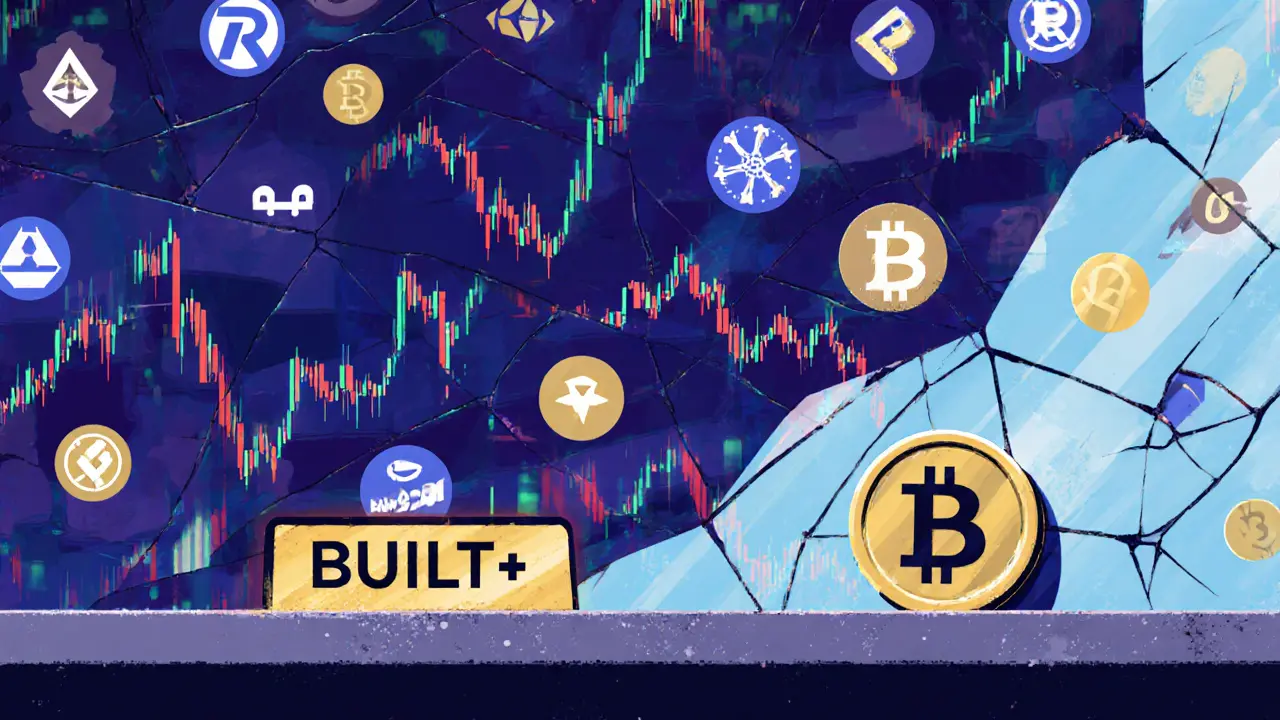 An abandoned BUILT token on a shelf of dead coins while active tokens trade nearby.