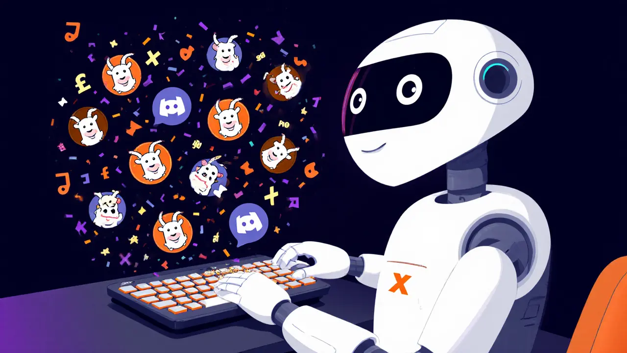 An AI robot with a screen face types memes that turn into GOAT tokens flying into social media icons.