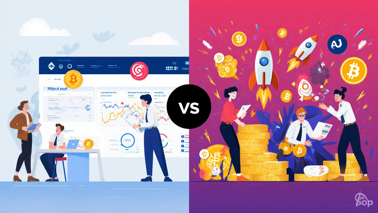 Split illustration comparing calm Cronos trading with chaotic Solana meme trading, showing two different crypto experiences.
