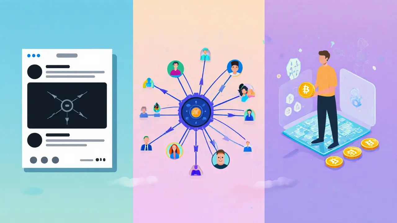 Three contrasting social media worlds: corporate data harvesting, decentralized network, and creator earning crypto rewards.