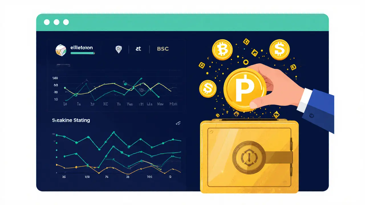User staking PHOTON tokens in a vault with reward particles rising, surrounded by analytics and cross-chain bridge icons.
