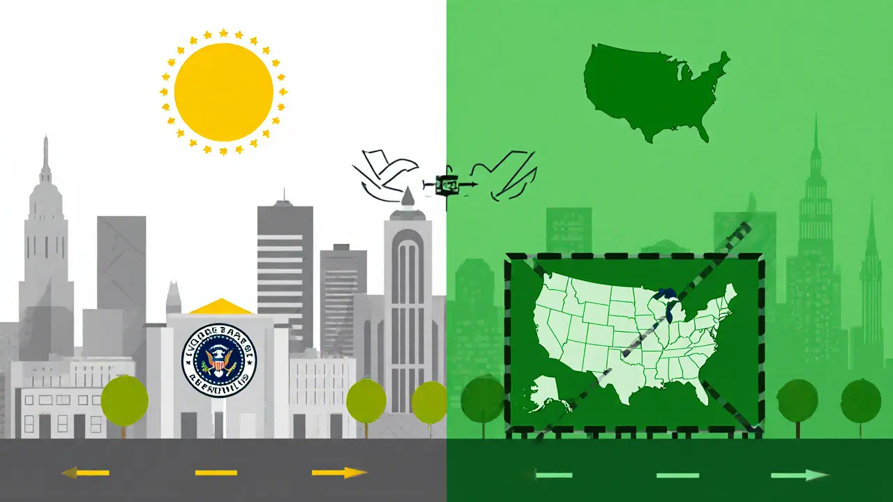 A city divided between federally approved and restricted state stablecoins.