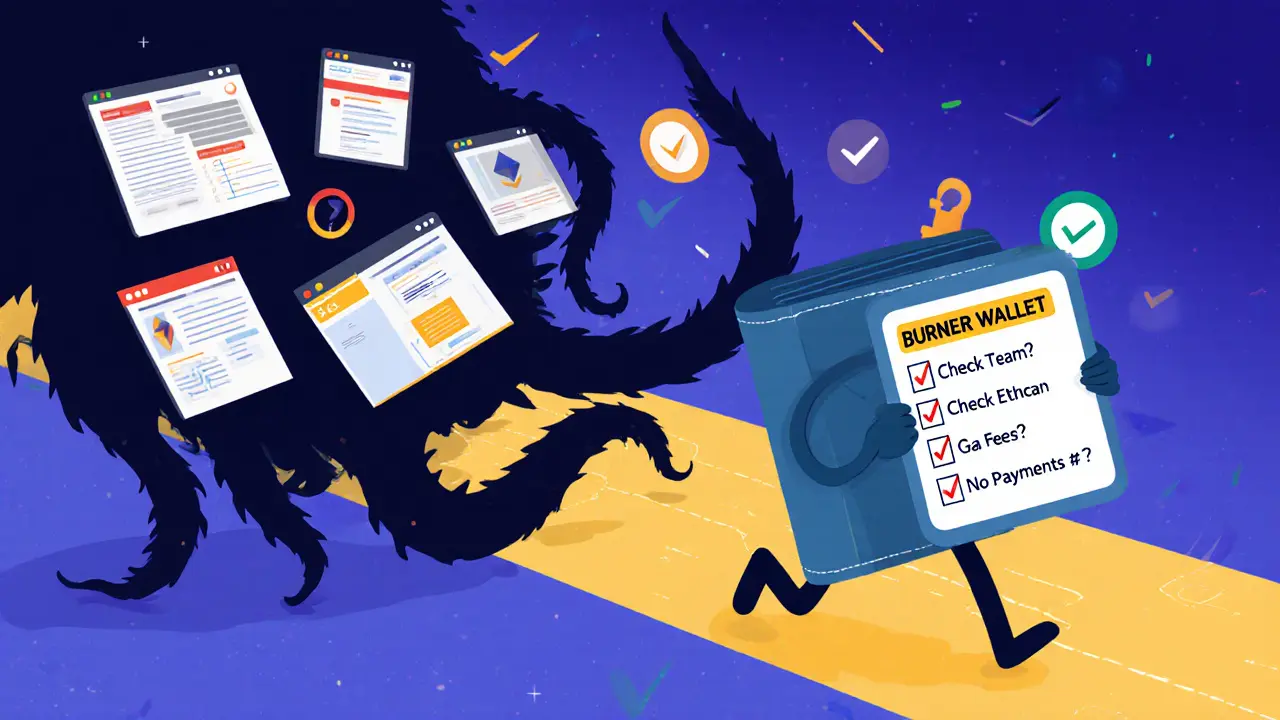 A wallet escaping a monster made of scam links, holding a safety checklist as it runs toward verified projects.