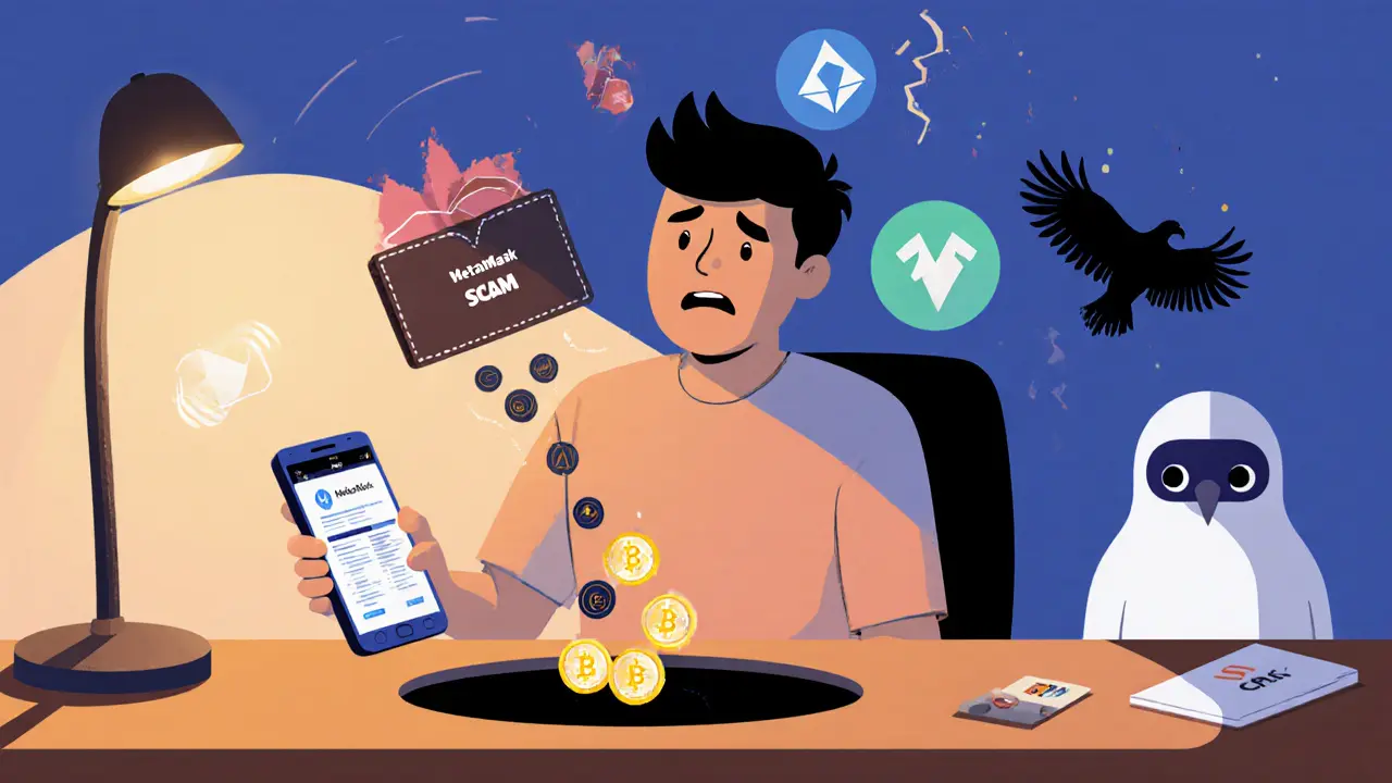 Cartoon user watching their crypto wallet drain into a black hole while fake airdrop scams swirl around them.