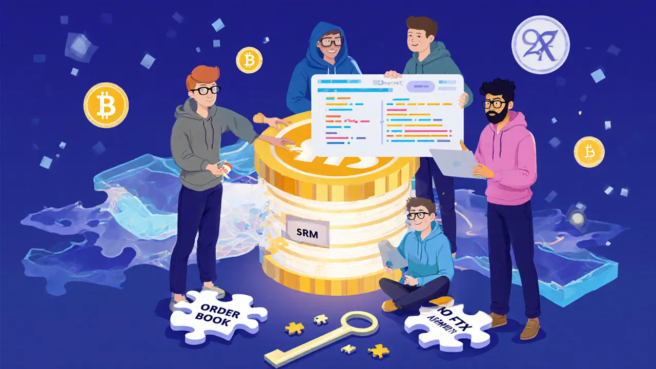 Community developers rebuilding Serum DEX with code, discarding FTX key, surrounded by SRM tokens and liquidity pools.