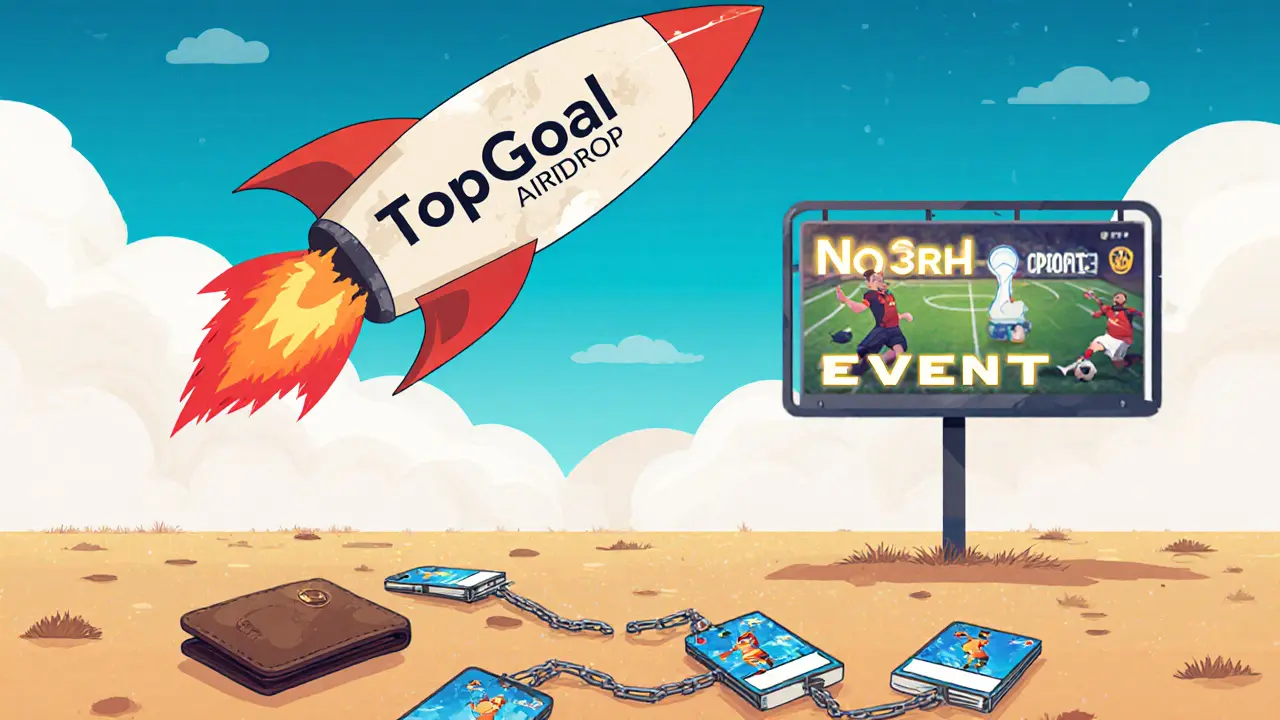 Fading TopGoal rocket above scattered NFT cards, with active football NFT projects glowing in the distance.