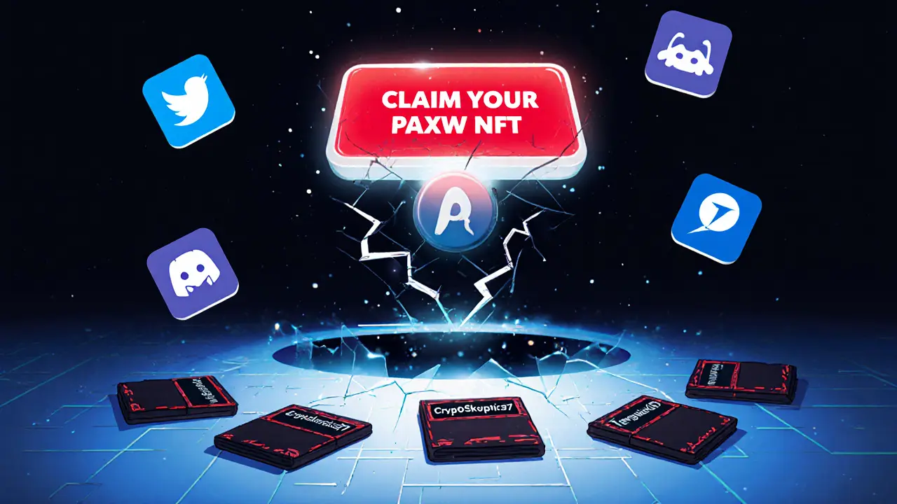 Fake airdrop button sucking a wallet into darkness with broken social media icons.